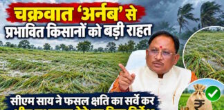चक्रवात ‘अर्नब’ से प्रभावित किसानों को बड़ी राहत, सीएम साय ने फसल क्षति का सर्वे कर शीघ्र मुआवजा देने का दिया निर्देश
